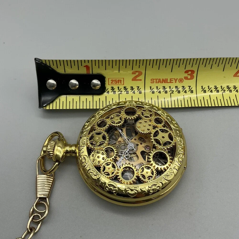 Steampunk Gear Pocket Watch Men 47mm Gold Tone Skeleton Half Hunter Manual